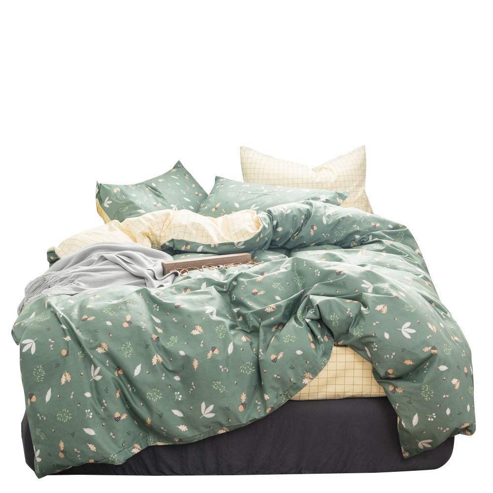 FenDie Girls Branches Leaves Duvet Cover Queen Green Pine Tree Bedding Set Cotton 3 Piece Reversible Plaid Grid Pattern Modern Fresh Duvet Cover Set Lightweight Soft for Teens Adults