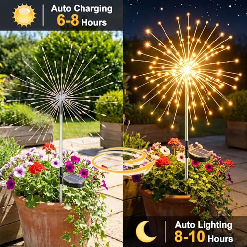 Solar Lights 120 LED Outdoor Garden Decoration, Solar Fireworks Lamps, Warm White, Waterproof Decorative Solar Light for Night Patio Balcony Sidewalks Pathway Landscape, 2 Pieces