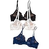 OYOANGLE Women's 3 Pack Floral Lace Underwire Bras See Through Sheer Push Up Unlined Bralettes