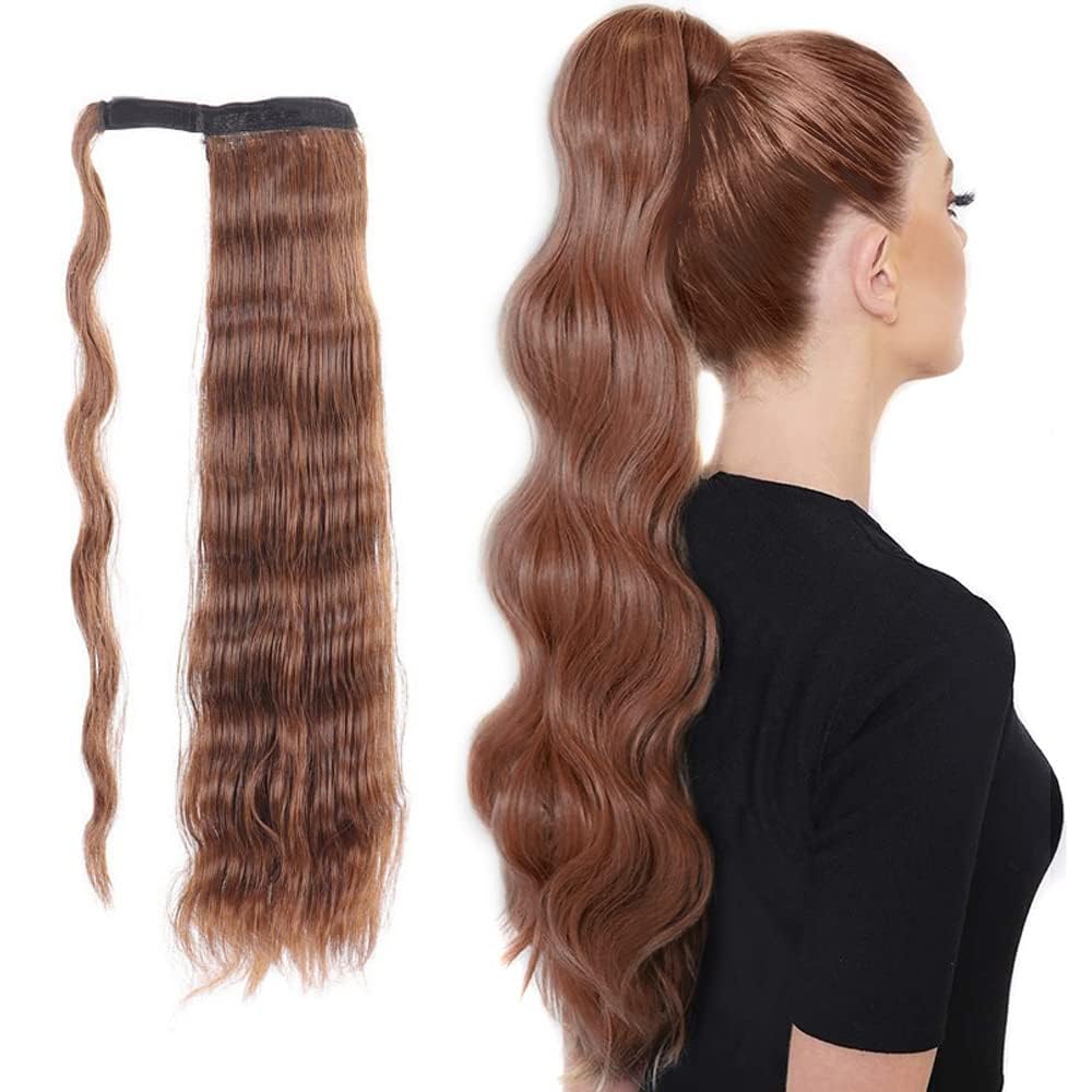 Long Ponytail Hair Extension Curly Wavy Wrap Around One Piece Pony Tail Extensions Clip in Synthetic Hairpieces Wig with Magic Paste for Women Girls Brown Blonde 24"