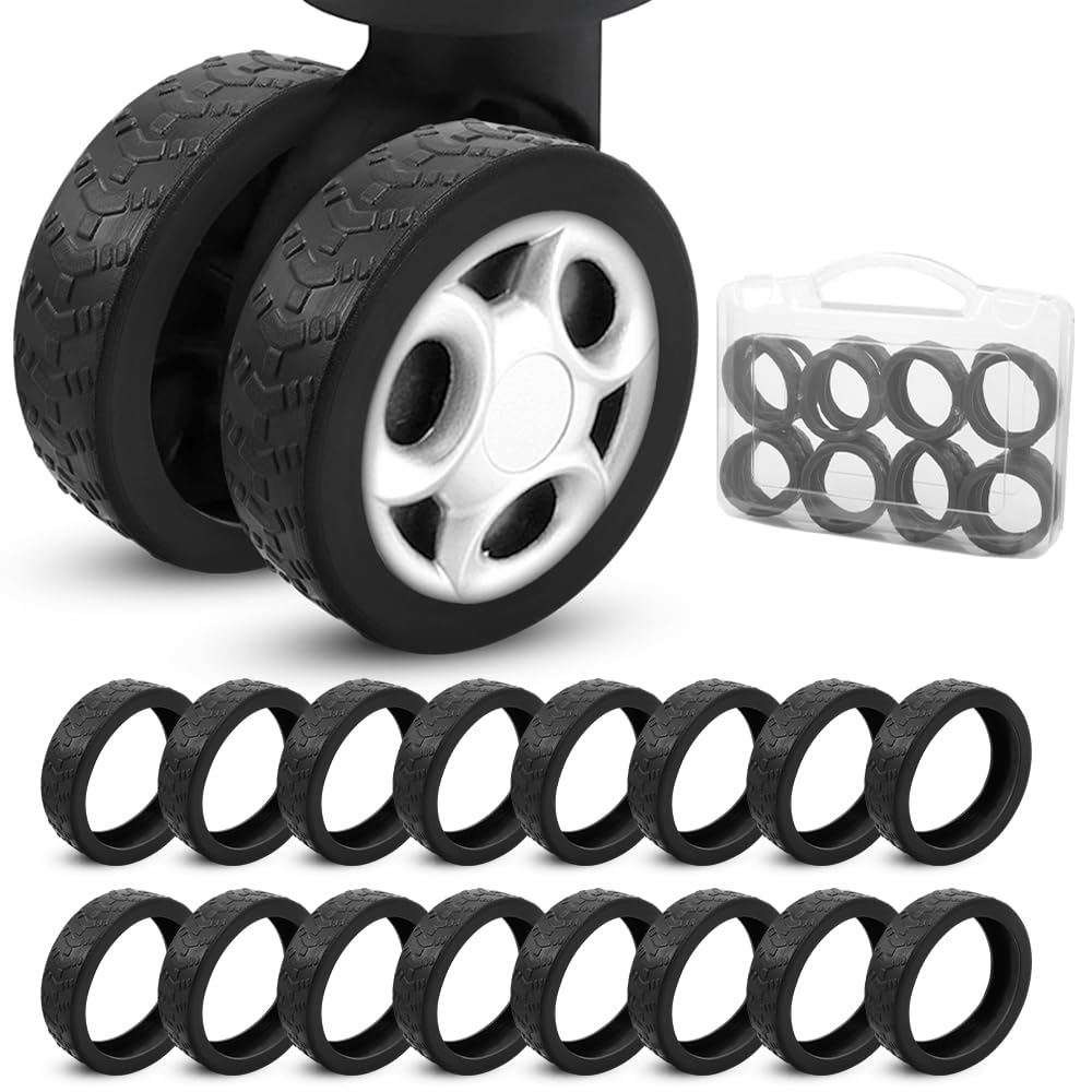 Photo 1 of FCKLVMC 16 Pcs Upgrade Black Silicone Luggage Wheel Covers, Thicken Silent Suitcase Wheel Protector Covers with Portable Storage Box for 2-3in Diameter Spinner Wheel