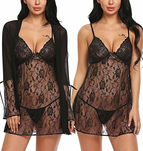 Grehu Women Bridal Lingerie Robe Lace Nightwear Babydoll Sets Of 3 Black XXL