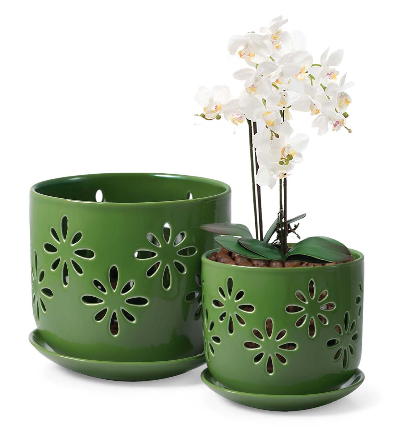 Photo 1 of EFISPSS Orchid Pots with Holes,5+6 Inch Ceramic Plant Pots with Drainage Holes and Tray,Enhanced Drainage and Ventilation,Flower Pots for Indoor/Outdoor Plants for Repotting - Green