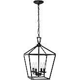 Untrammelife 4-Light Black Lantern Pendant Light, Adjustable Height Square Cage Pendant Hanging Lighting Fixture 11’’W Rustic