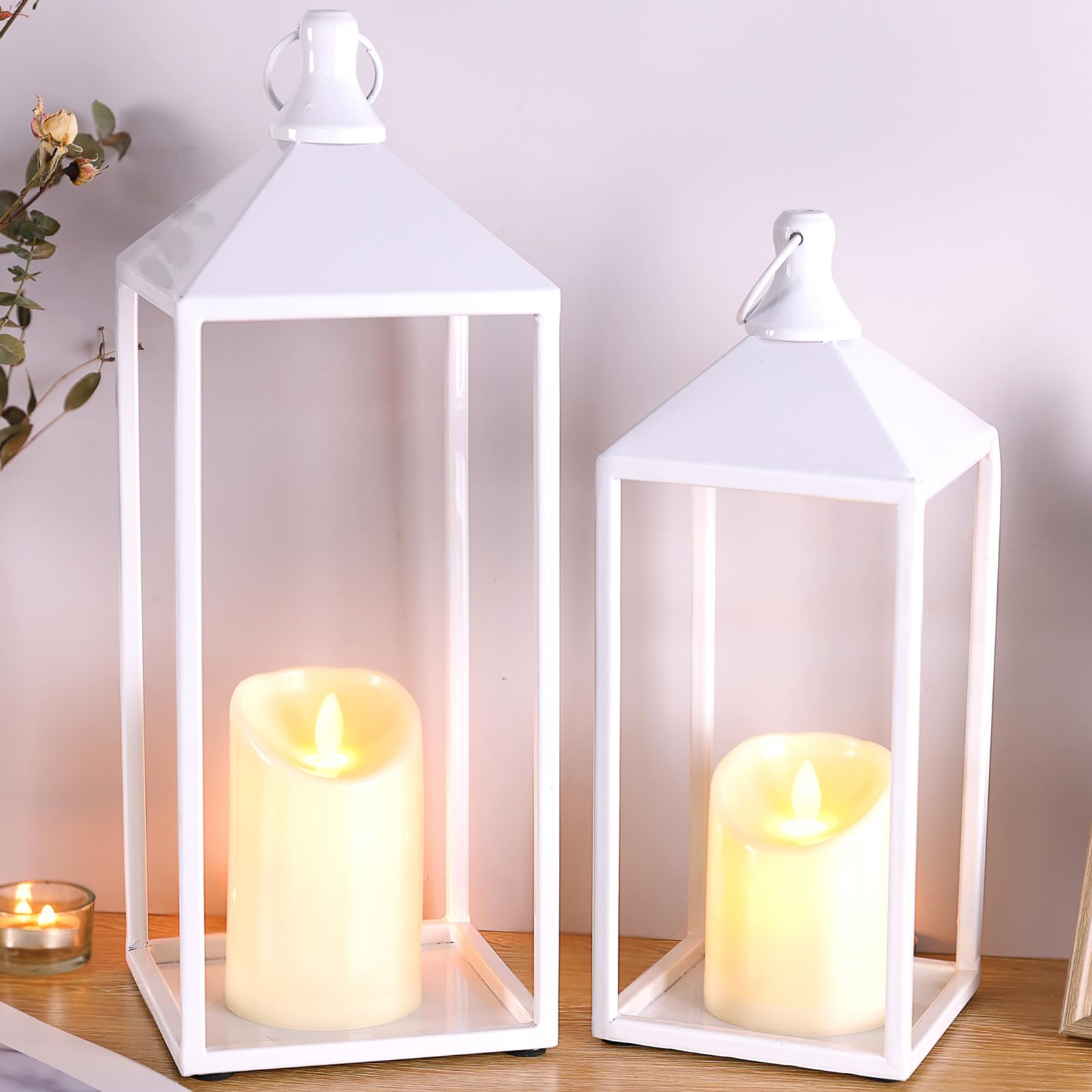 Photo 1 of MATAHUM Modern Farmhouse Lantern Decor, 17" 13" Set of 2 Wedding Lantern Centerpiece with Pillar Candle, White Candle Lanterns Decorative for Wedding, Mantle, Porch, Indoor, Outdoor, Valentine Decor