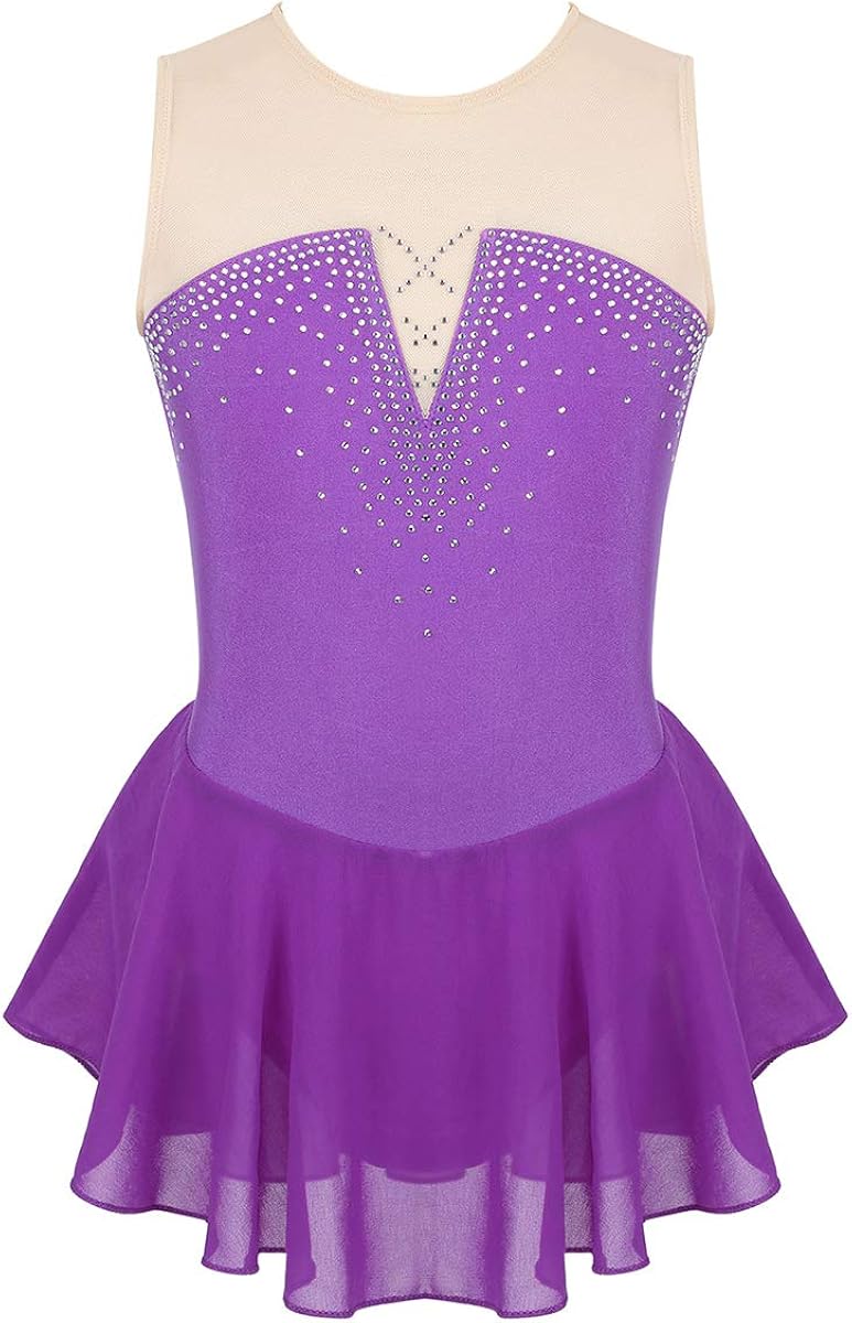 JEATHA Kids Girls Shiny Rhinestone Ballet Costume Sleeveless Splice Ice Skating Dress Gymnastic Leotard Skirt: Clothing