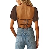 oten Women's Sexy Backless Puff Sleeve Square Neck Tie Back Bodysuit Tops
