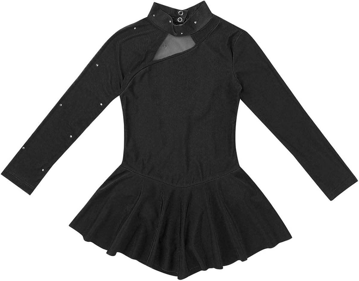 inhzoy Kids Girls Figure Ice Skating Dress Long Sleeve Splice Cutout Back Roller Skating Ballet Dance Dress Tutu Skirted: Clothing