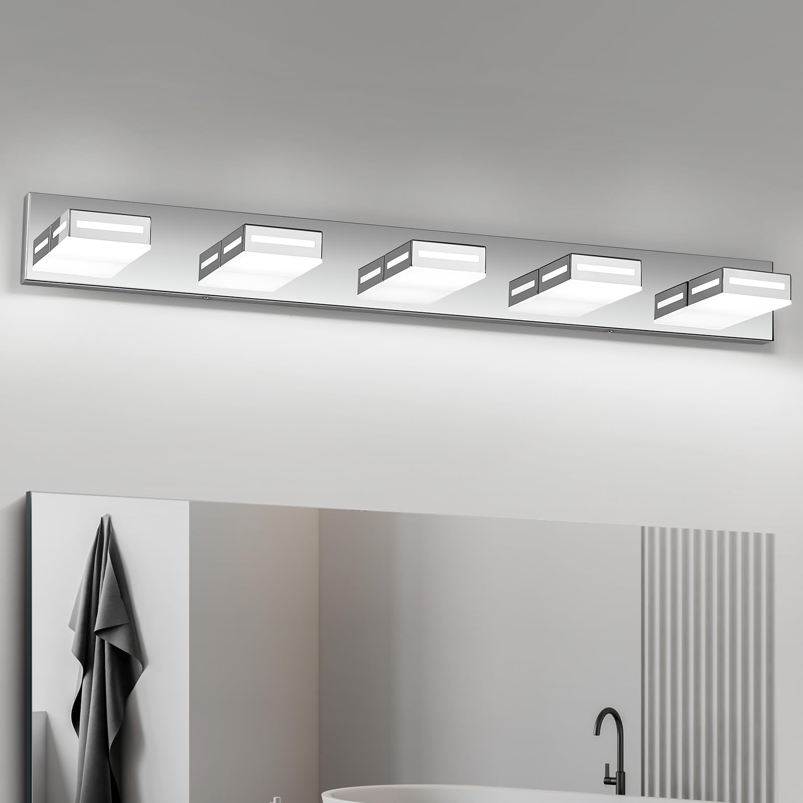 Donrao LED Modern Bathroom Light Fixtures, 5-Light 40-Inch Chrome Vanity Lights for Bathroom Lighting Fixtures Over Mirror, 6000K Cool White 350° Rotatable Wall Lamp Image