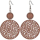 coadipress Vintage Geometric Round Earrings Wooden Earrings Handmade Natural Wooden Hollow Out Circle Earrings Bohemian Lightweight Statement Western Earrings for Women