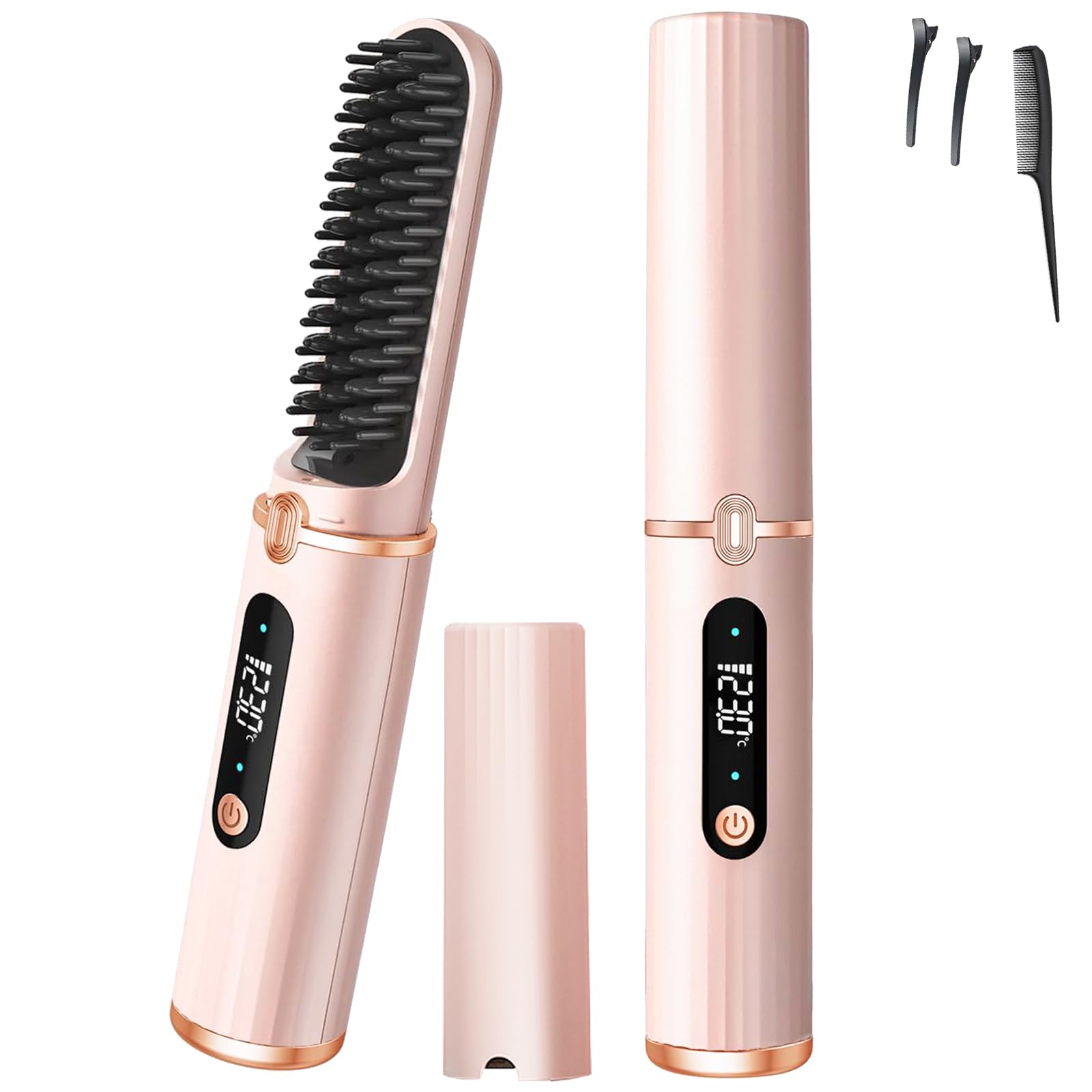 Photo 1 of Cordless Hair Straightener Brush, Negative Ion Electric Hair Straightening Brush, Fast Heating, USB Charging, Display Temperature, Travel Portable Hair Straightening Brush