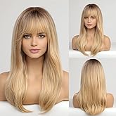 HAIRCUBE Long Layered Synthetic Hair Wigs for Women with Bang (Blonde with Dark Roots)