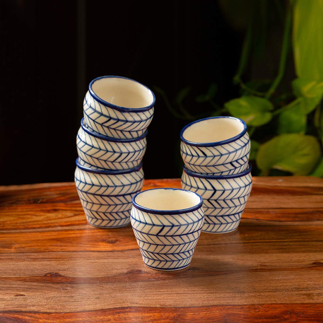 Buy ExclusiveLane 'Indigo Chevron' Hand Painted Ceramic Kulhad Cups