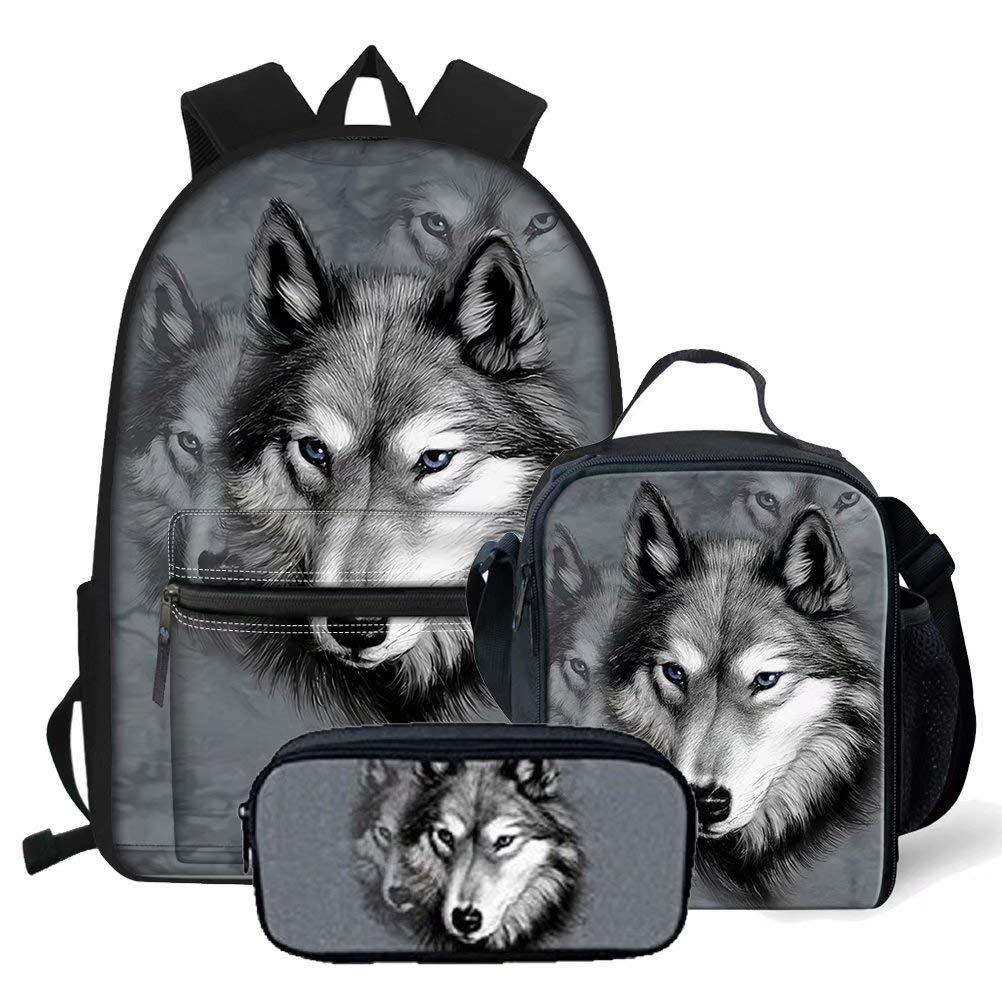 chaqlin Animal Rucksacks Lightweight High School Student Bookbags Insulated Lunch Bag Pencil Bags Set Wolf BKids Boy