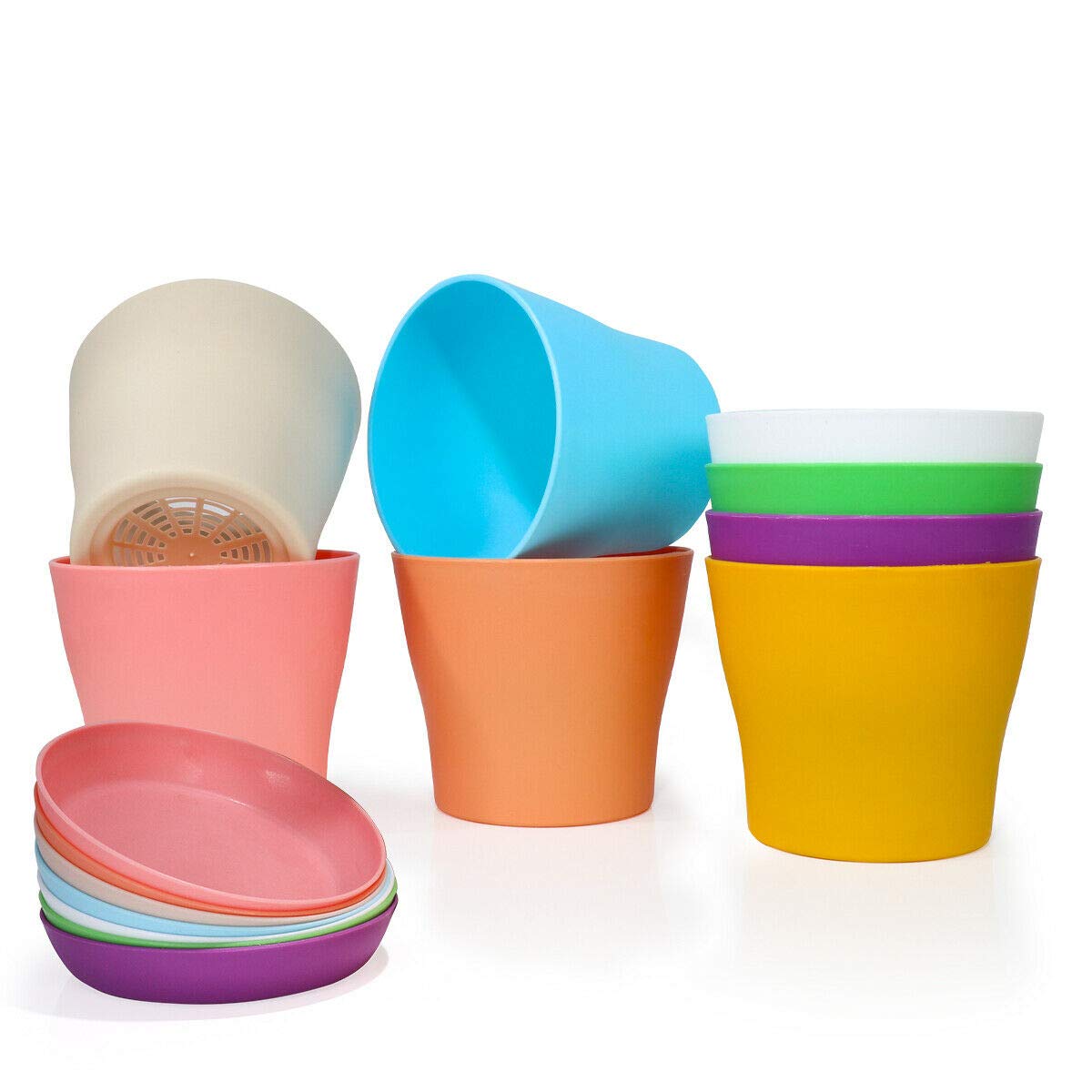 Happybase 6.7 inch Plant Pots, Plastic Planters Indoor Set of 8 Flower Plant Pots with Drainage and Saucer for All House Plants, Flowers, Herbs, Succulents and Hanging Plants (8 Colors)