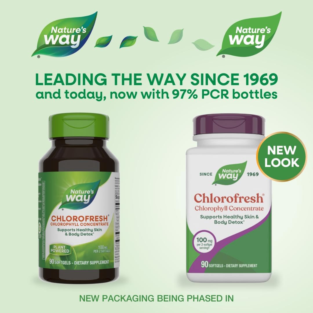 Nature’s Way Chlorofresh Chlorophyll Concentrate, Chlorophyll Supplements, Supports Detox Pathways* & Healthy Skin*, Chlorophyllin Copper Complex, Internal Deodorant*, 90 Softgels (Packaging May Vary)