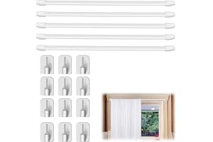 Lqucwepp 5 PCS Adjustable Small Curtain Rods Without Drilling from 15.7 to 27.5 Inch with 12 PCS Self-Adhesive Hooks for Stor