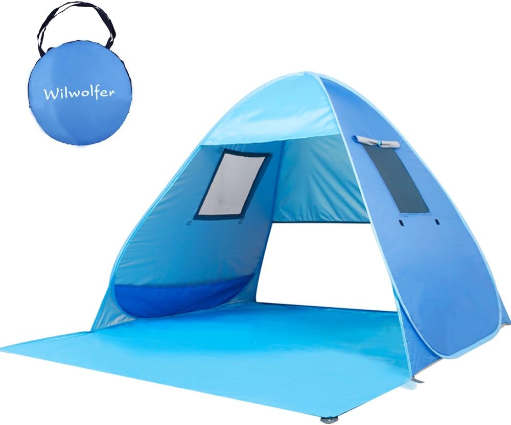 Wilwolfer Beach Tent Pop Up Sun Shelter Plus Cabana Automatic Canopy Shade Portable UV Protection Easy Setup Windproof Stable with Carry Bag for Outdoor 3 or 4 Person