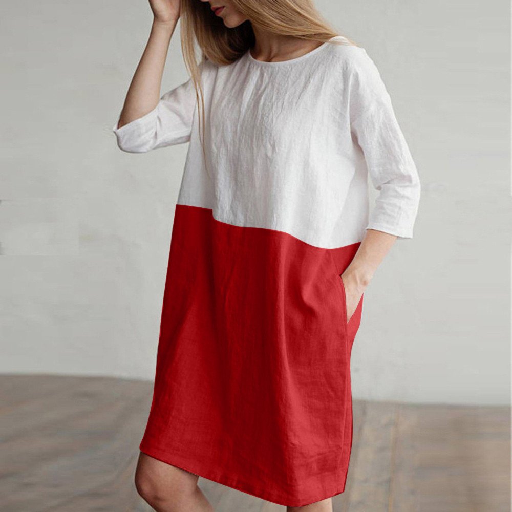 POTO Women Dresses, Loose Color Stitching Casual Dresses with Pockets Cotton Linen Tunic Dress Party Dress Beach Dress