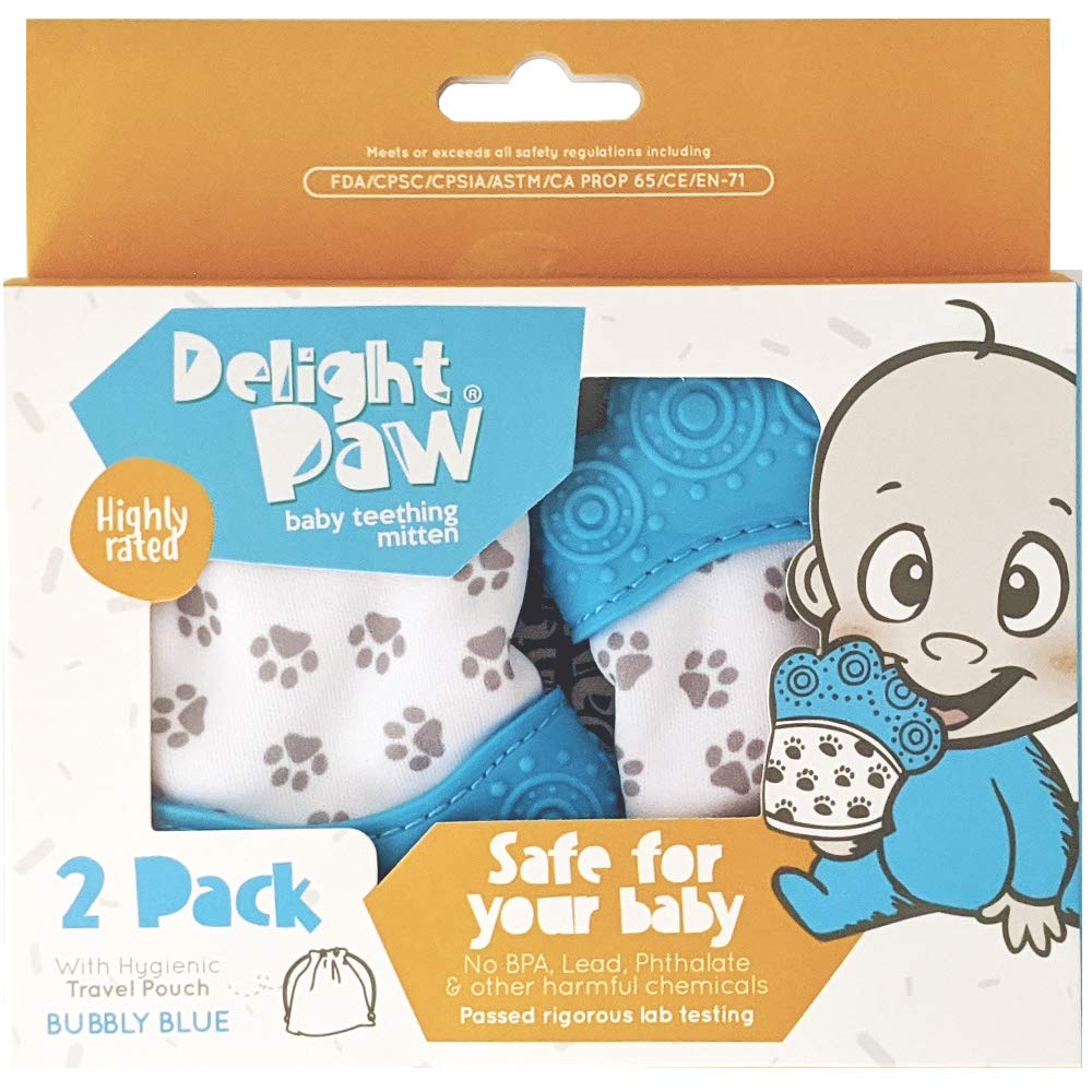 Delight Paw Baby Teething Mitten | Self Soothing Pain Relief | Hygienic Travel Bag | No BPA | Baby Boy/Girl | 3+ Months | Bubbly Blue | 2 Pack