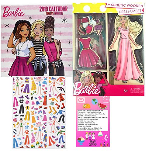 Multiple Barbie My First Magnetic Wooden Dress-Up Doll Set Gift Set and Barbie 2019 Wall Calendar 10x 10 in. and Dress Up Sticker Sheet with 123 Stickers Quiet Art Time 3 Piece Bundle