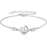 YUNKAI Sterling Silver Opal Bracelet for Women, 6.5"+2" Adjustable Opal Link Bracelet, White/Golden Dainty Hypoallergenic October Birthstone Jewelry Gift for Her