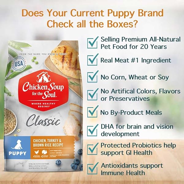 CHICKEN SOUP FOR THE SOUL ALL NATURAL PREMIUM DRY PUPPY FOOD, REAL MEAT FIRST INGREDIENT, NO BY-PRODUCTS, SUPPORTS BRAIN DEVELOPMENT & STRONG BONES & TEETH, CHICKEN, TURKEY & BROWN RICE, 13.5LB