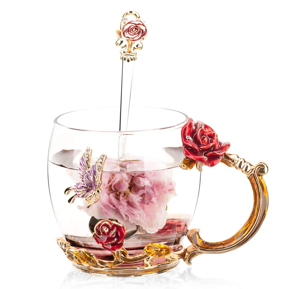 SudaTek Enamel Clear Glass Coffee Mug Tea Water Cup with Spoon Handmade Butterfly Rose Gift Set (Red Rose)