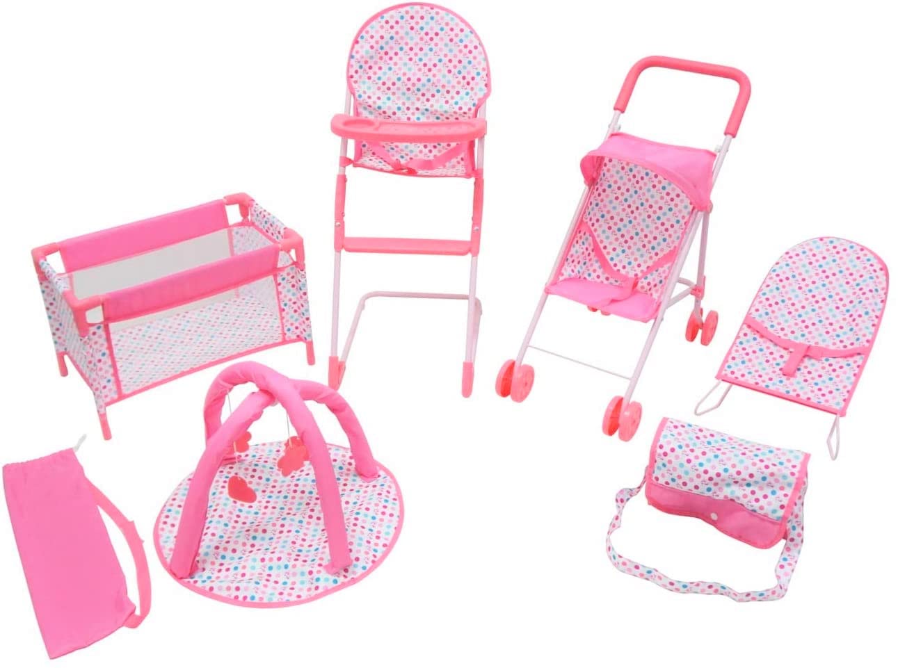 Photo 1 of KOOKAMUNGA Kids 6 Pc Baby Doll Stroller Set - Baby Doll Accessories Playset w/Doll Crib Stroller High Chair & Feeding Tray - Playpen - Bouncer - Diaper Bag - Activity Mat - Ages 3+ (Pink)