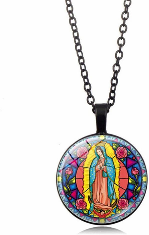 MFMAGWFF Sterling Silver Virgin Mary of Guadalupe Pressed Flower Pendant Necklace, 18"