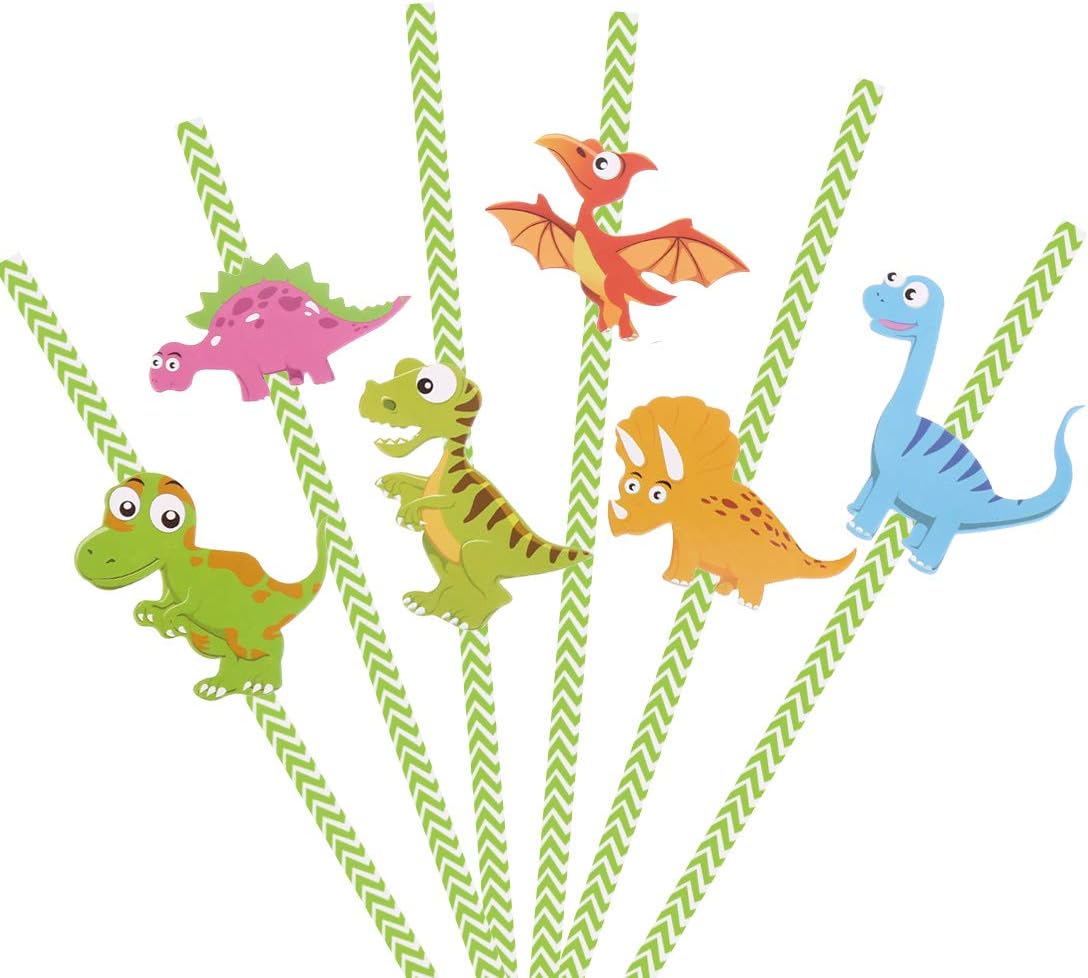 SULOLI 48 Pack Party Straws Dinosaur Paper Straw for Kids Birthday Party Supplies