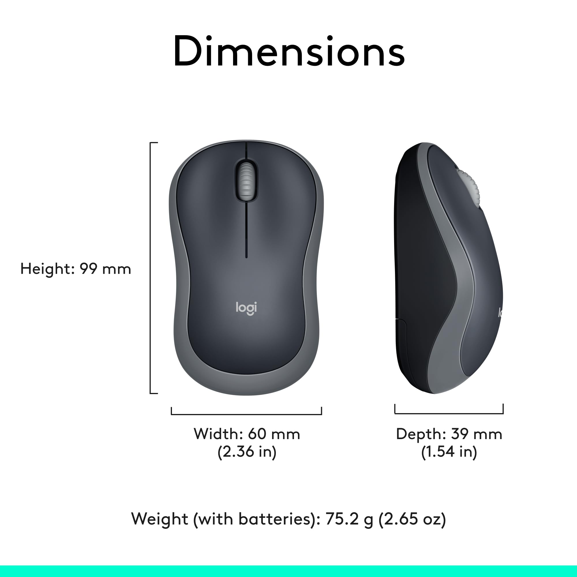 Logitech M185 Wireless Mouse, 2.4GHz with USB Mini Receiver, 12-Month Battery Life, 1000 DPI Optical Tracking, Ambidextrous, Compatible with PC, Mac, Laptop - Grey