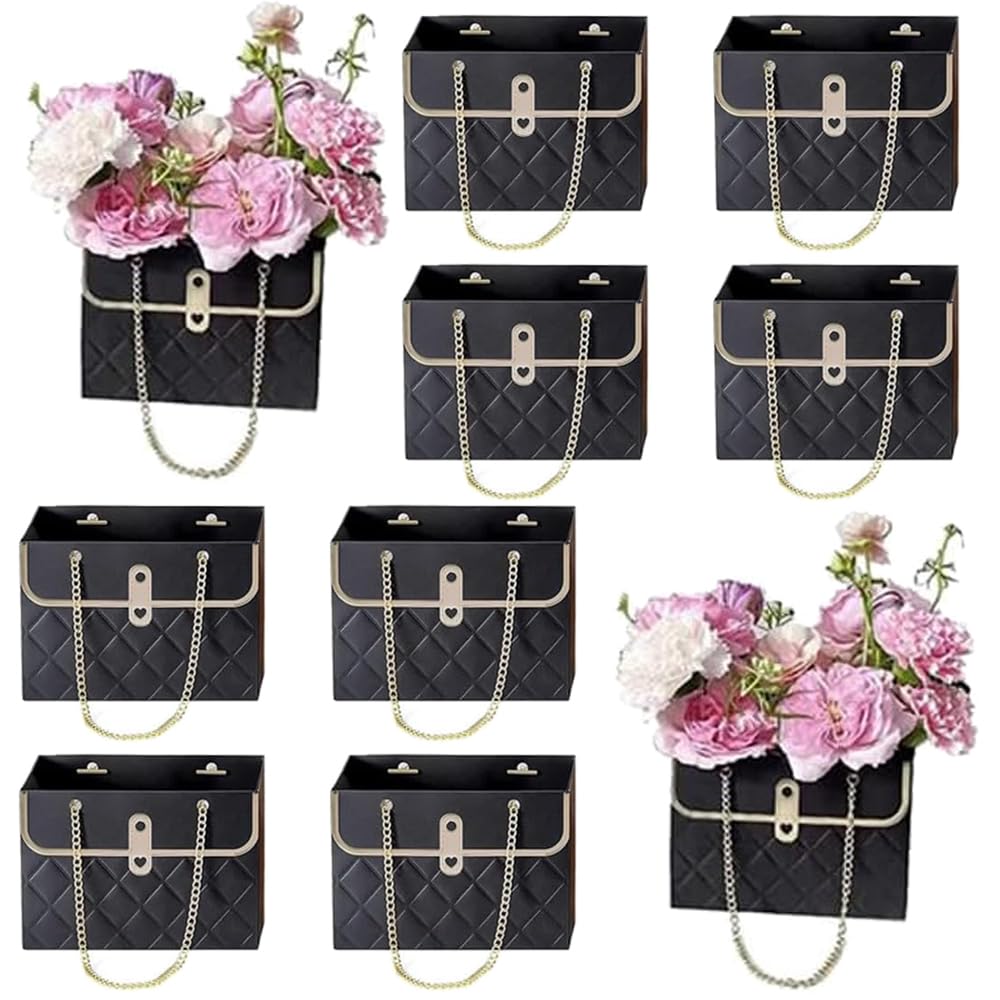 Photo 1 of ****** missing 2 *****8 8PCS Flower Paper Gift Bag, Bouquet Storage Bucket Florist Handbag with Metal Chain, Gift Craft Wrap Bag for Wedding Party Valentine's Day Birthday Mother's Day Bridal Shower Gift Wrap Bags (Black)