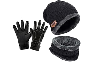 YULOONG Winter Beanie Hat Scarf Gloves Set Knitted Hat Neck Warmers Touch Screen Driving Gloves for Man Women Black