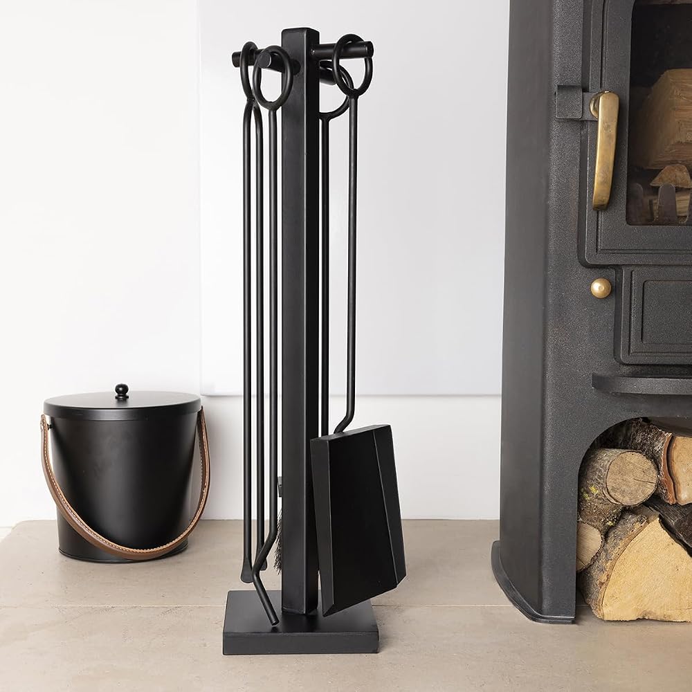 CHARLES BENTLEY Fireside Companion Set Coco Brush Black Matte Iron Tool Stand