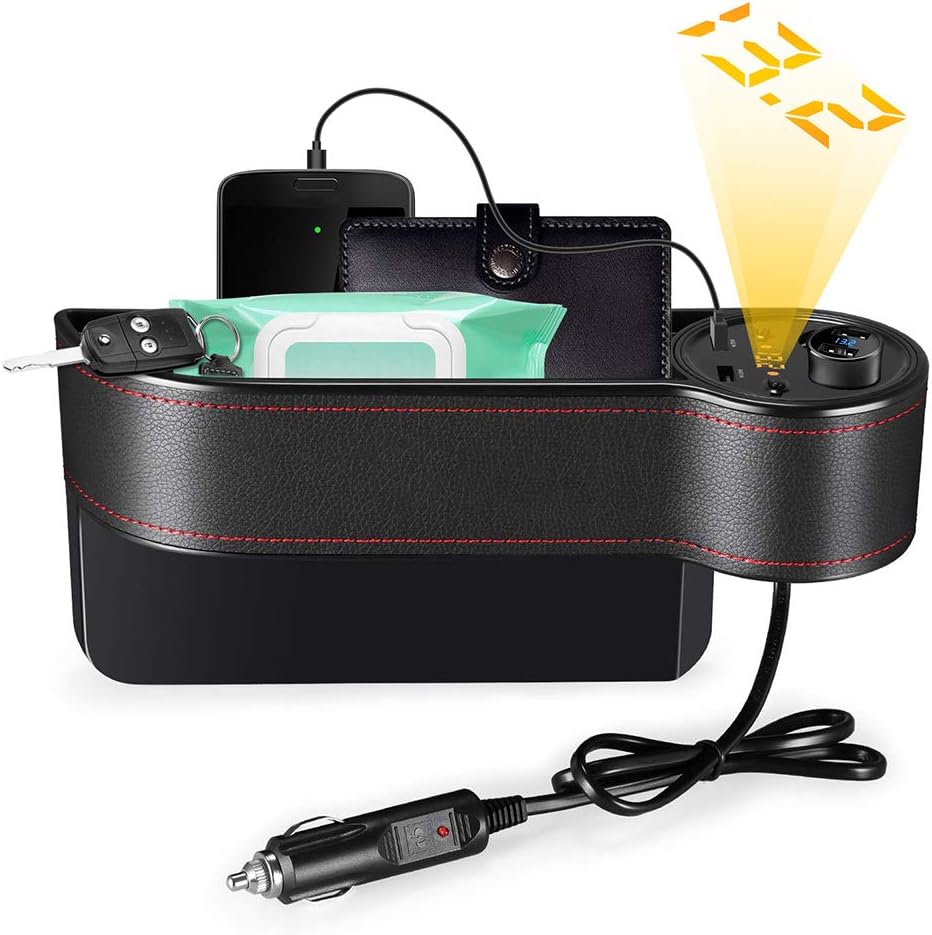 AUTOLOVER Car Seat Gap Filler, C15 Premium PU Leather Car Seat Side Pocket Organizer Car Seat Storage Organize with 2 USB Chargers and 2 Lighters