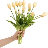 Amore Florals 15 pcs Cream Tulips Artificial Flowers Faux Tulips Real Touch Latex Fake Flower Bouquet for Spring Wedding Home Décor Centerpiece Arrangements