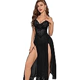 YaShaer Women Lingerie Lace Babydoll Chemise Nightdress Nightwear Side Split Long Nightgown Dress