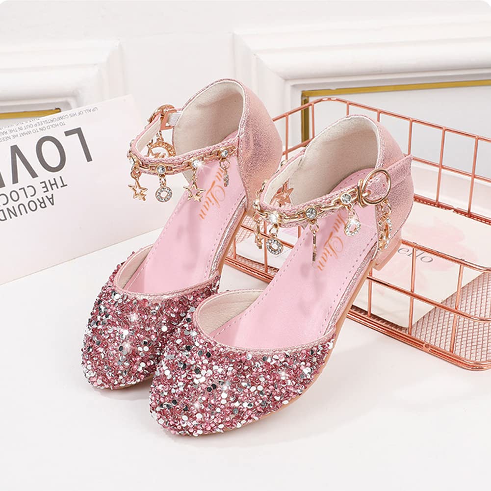 ChuLian Little Kids Girls Dress Pumps Glitter Sequins Princess Low Heels Princess Dress Shoes Party Dance Shoes Rhinestone Sandals