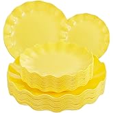 LIYH 24 Pcs Yellow Plastic Plates Reusable, Unbreakable Dinner & Salad Plate, Microwave & Dishwasher Safe, Scalloped Reusable Plastic Plates for Party, Birthday, Picnics (12Guests)