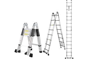 Wolec 16.5 FT A Frame Telescoping Ladder, Adjustable Multi-Purpose Collapsible Extension w/Balance Bar & Wheels, Heavy Duty 330 lbs Max Capacity, Ideal for Home and Outdoor Work, Silver