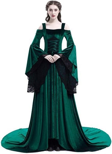 Amazon コスチューム ハロウィン 衣装 コスプレ 公演 中世ヨーロッパ ヨーロッパ風 貴族ドレス復古風 西洋 レディース 大人 フレアースリーブ レース ワンピース ドレス パーティードレス 舞台服 緑 M コスプレ 仮装 通販