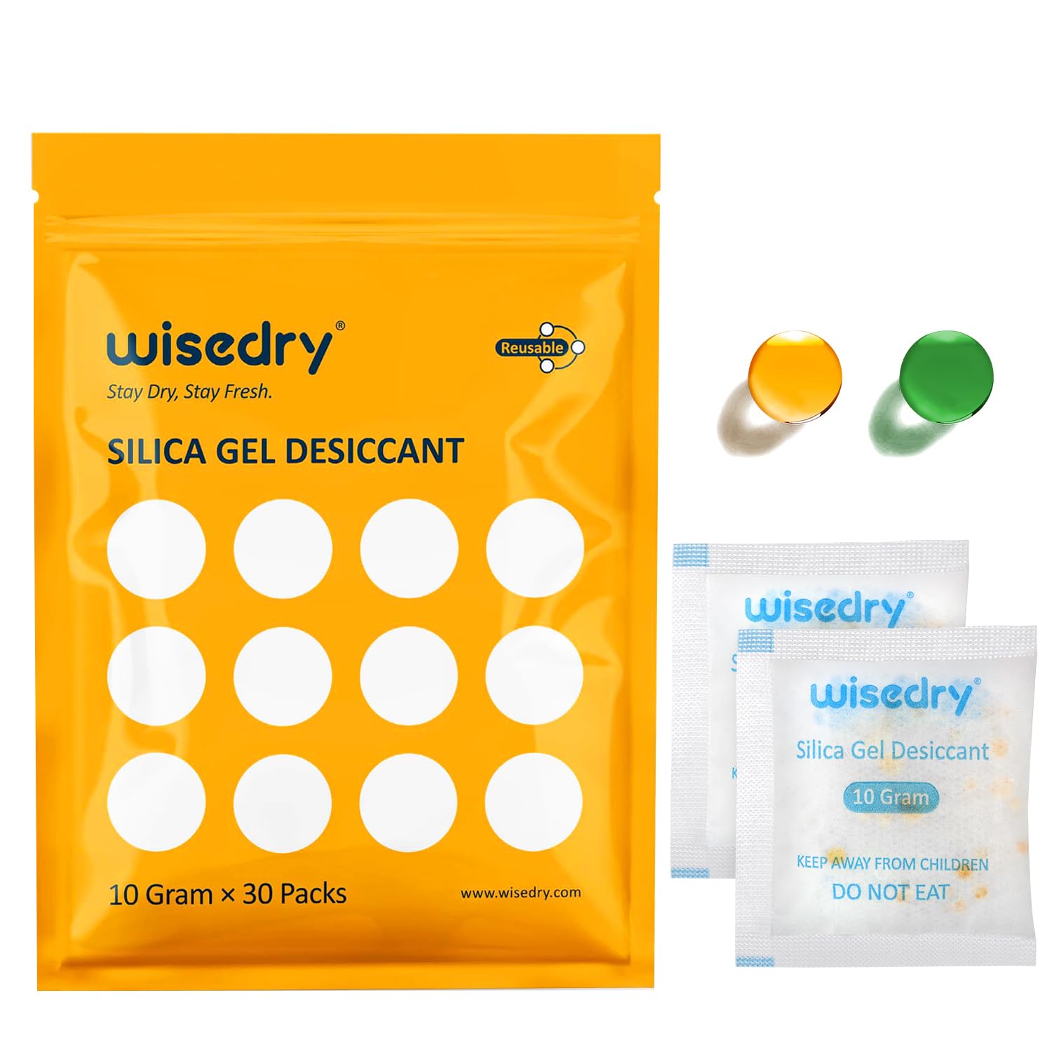 wisedry Silica Gel Sachets Bags 10 Gram x 30 Packs with Orange Beads Humidity Indicator Desiccant Packs Moisture Absorber for Air Dryer Moisture Removal, Food Grade