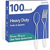 SACATR 100 Count Clear Plastic Silverware Heavy Duty -50 Forks, 50 Spoons | BPA-Free, Heat Resistant, Disposable Plastic Cutlery Set, Plasticware Bulk for Party