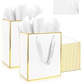 Addblu 50 Pack Luxury Gift Bags Bulk with Handles, Medium Size 9x7x3.15 Inches - Includes 50 Tissue Papers for Party Favors, Wedding, Birthday, Baby Shower, Christmas & Holidays (White with Gold Foil Trim, 50Pcs)