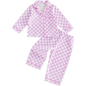 Kavousa Toddler Girls Boys Fall Pajamas Striped Long Sleeve Button Down Shirt Tops Elastic Pants Pjs Set Sleepwear Outfits