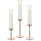 Gold Hurricane Candle Holders, Set of 3 Glass Taper Candlestick Holders Metal Candle Stands Bulk with Ribbed Glass Cover for Dining Tables Wedding Candelabra Centerpieces Decor