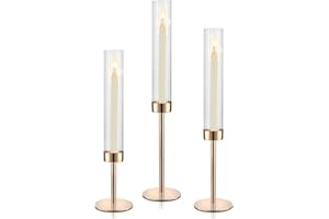 ASHELYULLA Gold Hurricane Candle Holders, Set of 3 Glass Taper Candlestick Holders Metal Candle Stands Bulk with Ribbed Glass Cover for Dining Tables Wedding Candelabra Centerpieces Decor
