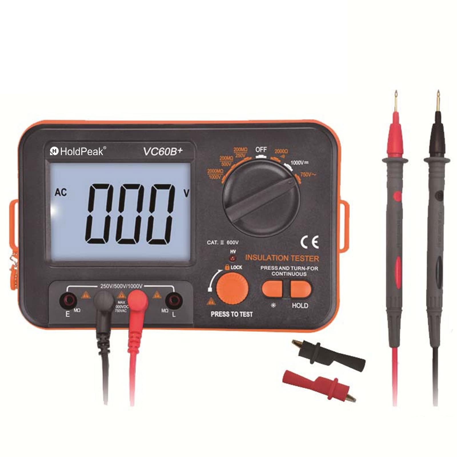 Digital Insulation Resistance Tester 1999 Counts Megohmmeter AC/DC Voltmeter, Test Voltage 250/500/1000V, Insulation Resistance 2G Ohms with Large LCD Backlit, Data Hold and High Volt Indication light
