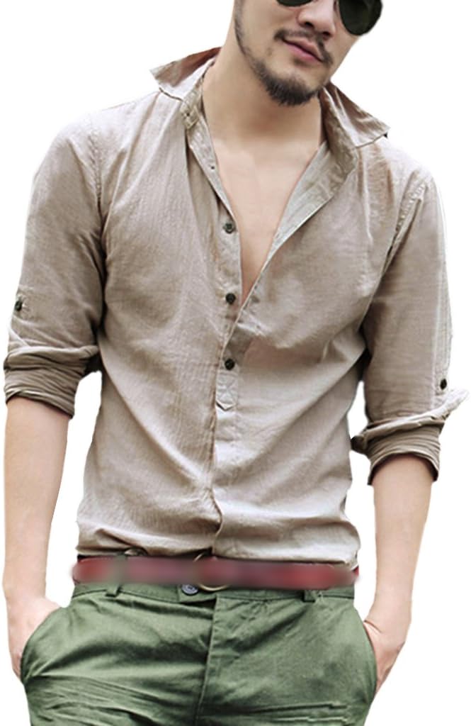 Zeemos Men's Cotton Linen Blend Shirts Ultra Light Colorful Shirts Colour Khaki Size XXXL